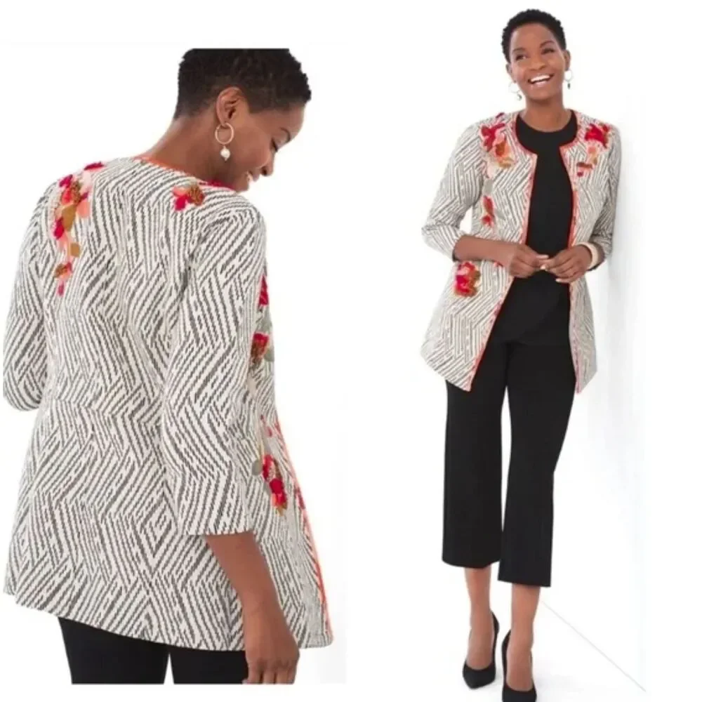 NWT Chico's Open Front Jacket Sz 4 Artisan Applique Embroidered Artsy Unique
